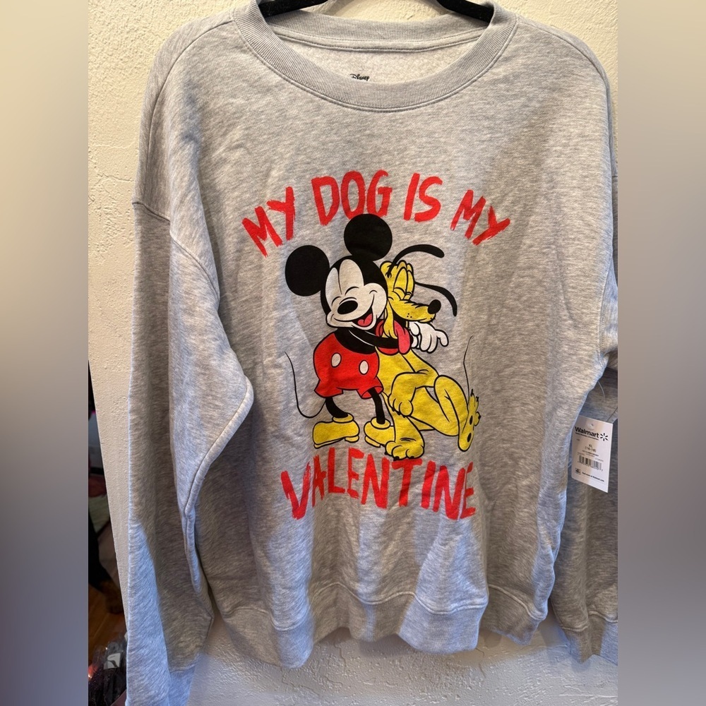 Disney Mickey Mouse snd Pluto Gray Crewneck Sweatshirt My Dog is my Valentine L - Picture 8 of 13